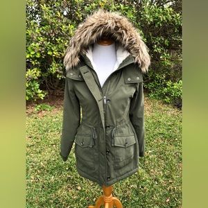 Fur lined olive green parka jacket all weather